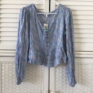 Selfe blue fog boho top large button front NWT